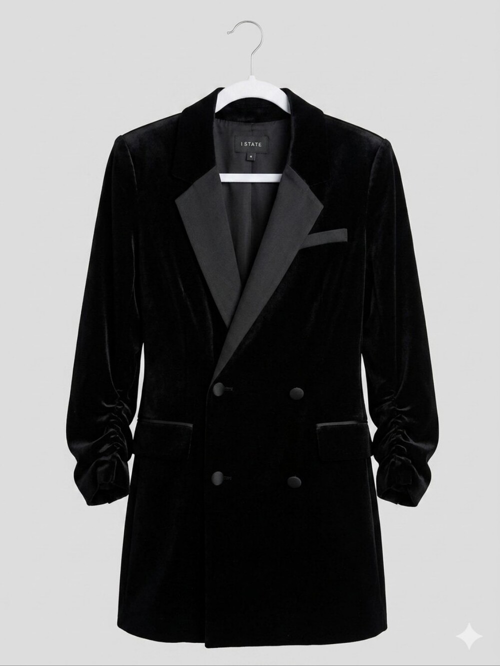 1STATE Black Velvet Double-Breasted Blazer Dress with Satin Lapels